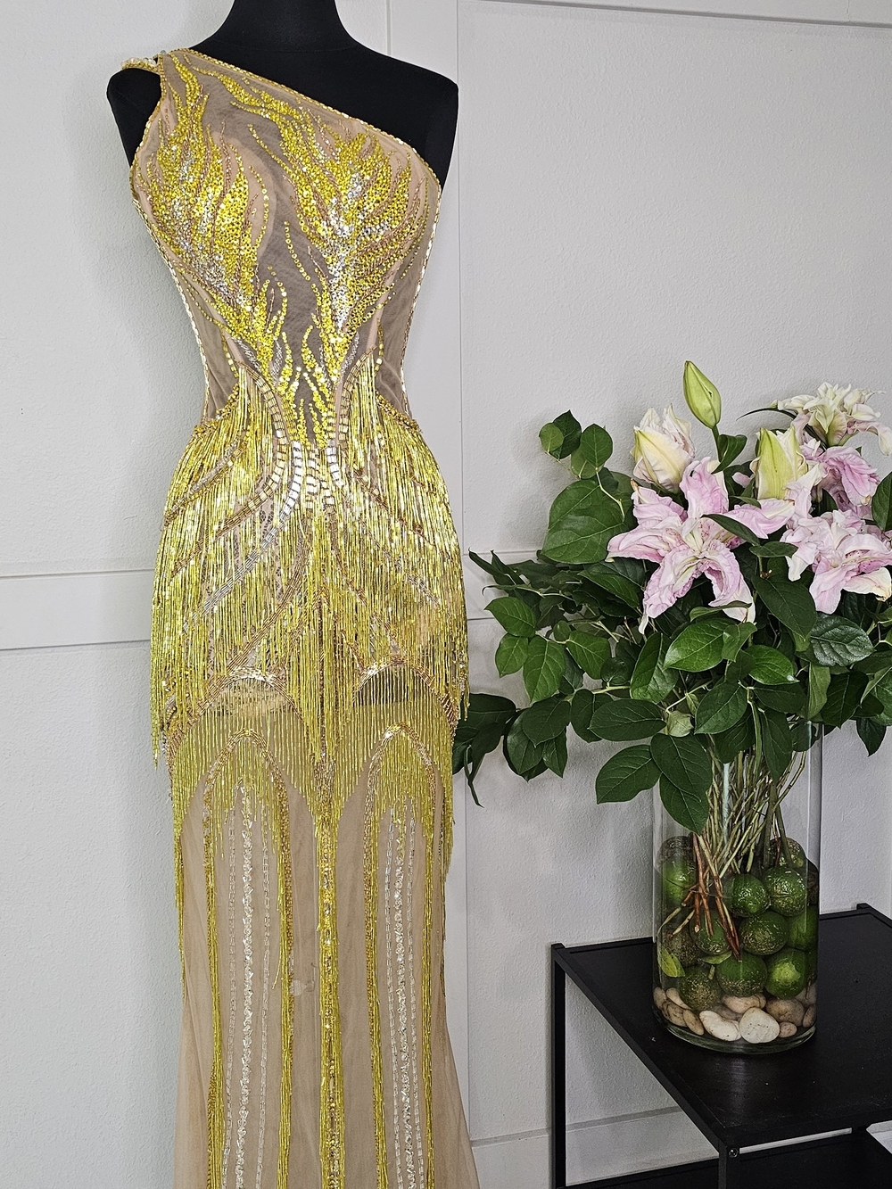 One-Shoulder Yellow Sequin Fringe Maxi Dress (Fit US 0 to 8)